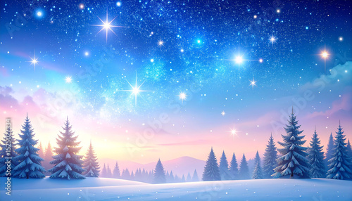 A breathtaking winter landscape at dawn, featuring a vibrant, star-filled sky above a snow-covered forest of evergreen trees and rolling hills.  The scene evokes tranquility and wonder
