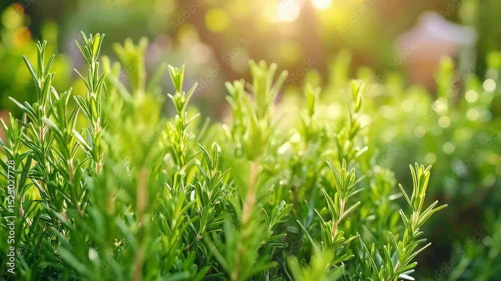 Fresh green rosemary herb growing in bright sunlight in the garden, close-up view of aromatic culinary plant. Fresh green rosemary herb growing in bright sunlight in the garden, close-up view of aromatic culinary plant.