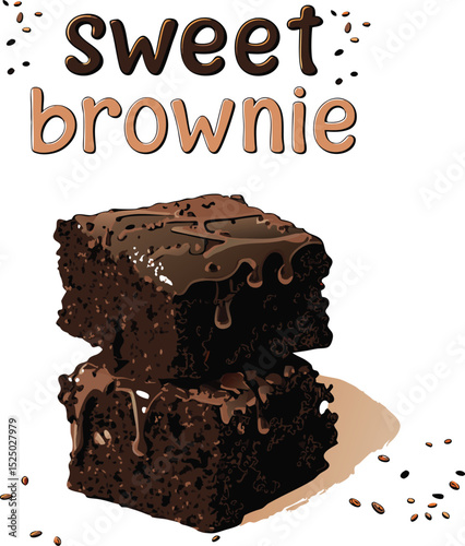 Two Chocolate Brownies Stacked with Chocolate Drizzle and Coffee Bean Accents