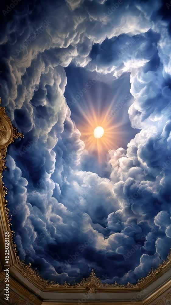 Ornate ceiling painting with heavenly sky, fluffy clouds, sunburst, and intricate gold trim detail in a grand room