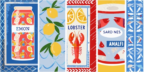 Mediterranean Food and Seafood Illustration with Lemons Lobster Sardines and Fish