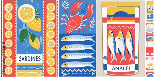 Colorful Sardines and Seafood Illustration with Lemons and Amalfi Label