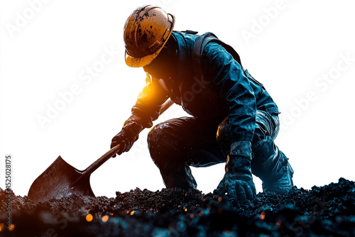 Miner Digging in Coal Mine with Shovel Wearing Hard Hat and Work Clothes Silhouette