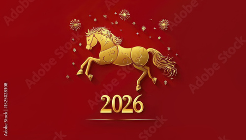 Golden horse leap with fireworks celebrating the year 2026 on a vibrant red background