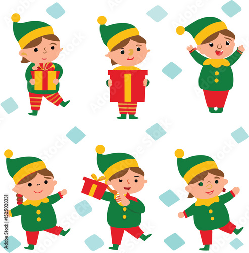 Cute Christmas Elves with Gifts in Festive Outfits on White Background