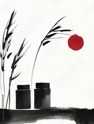 Minimalist high end skincare product display with asian-inspired artistic elements