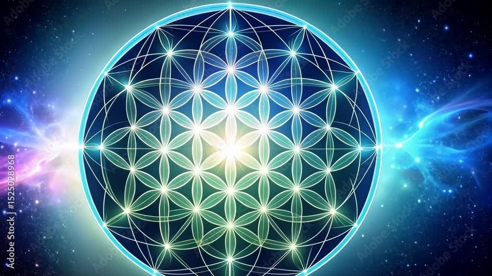 Mystical Flower of Life pattern radiating light in the universe, abstract geometric design, spiritual symbol, cosmic energy fields, multicolored glowing lights, and stars