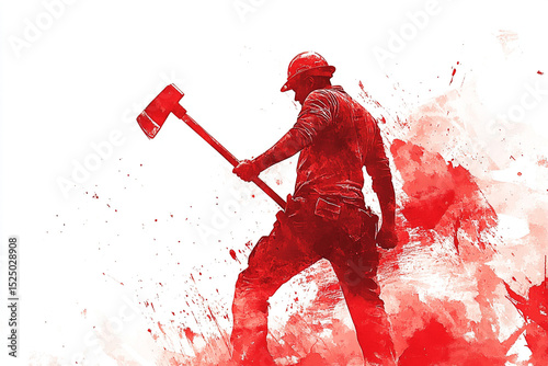 Red Worker with Sledgehammer Illustration on White Backdrop – Labor, Construction, Strength