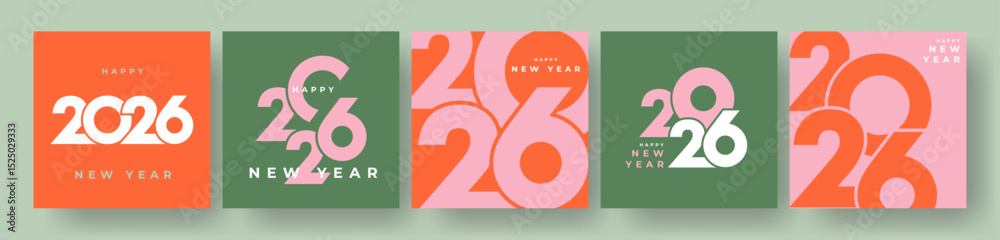 Obraz premium Set of 2026 Happy New Year logo text design. 2026 number design template. Collection of 2026 Happy New Year card, cover, poster. Vector illustration with labels isolated on colorful background.