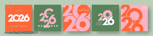 Set of 2026 Happy New Year logo text design. 2026 number design template. Collection of 2026 Happy New Year card, cover, poster. Vector illustration with labels isolated on colorful background.
