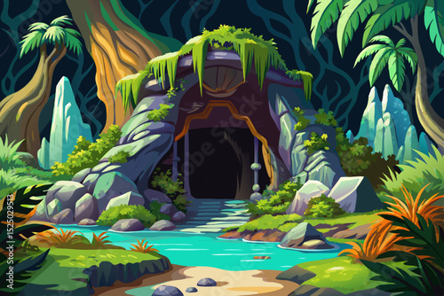Vector illustration of a mysterious cave entrance surrounded by lush tropical greenery perfect for adventure scenes, jungle exploration themes, and exotic travel backgrounds
