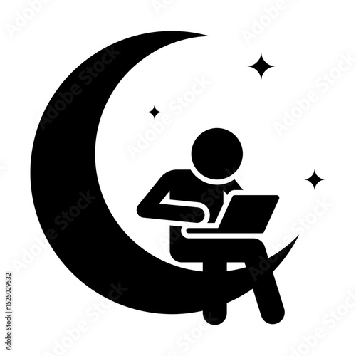 using computer clip art icon symbol, digital nomad, remote worker, freelance work, surfing the net, young man programmer sitting on the moon coding on his laptop, isolated flat vector illustration