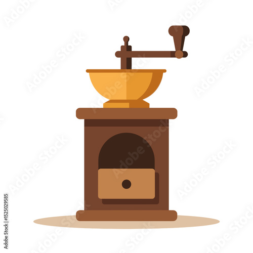 Vintage Coffee Grinder Illustration with Golden Bowl and Wooden Base, Flat Design