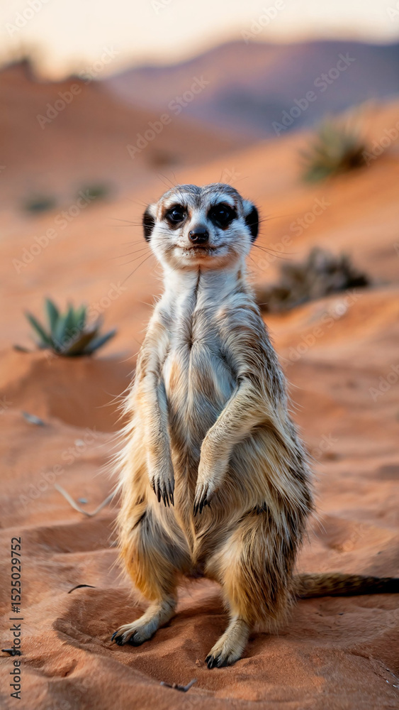 Fototapeta premium Curious Meerkat Standing in Desert Landscape at Sunset