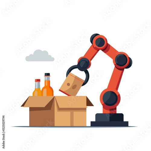 Robotic Arm Lifting a Package from a Cardboard Box Containing Bottles, Automation in Industry