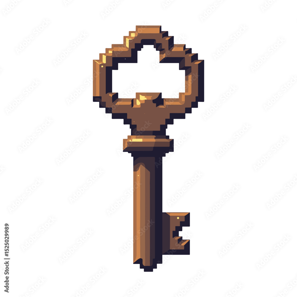 Fototapeta premium Pixel Art Illustration of an Antique Golden Key with Ornate Design and Shimmering Highlights