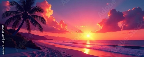 Vibrant sunset hues paint sky, palm silhouettes against beach sand, colors, getaway
