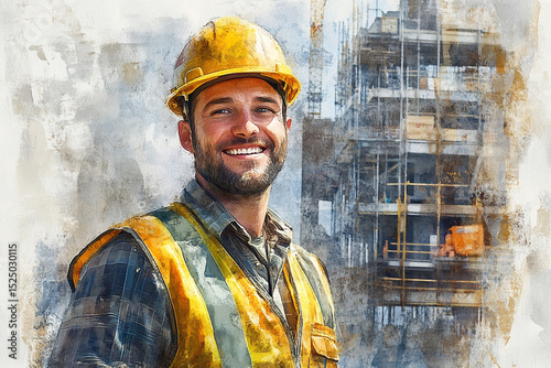 Smiling Construction Worker in Yellow Hard Hat and Vest at Construction Site Watercolor Painting