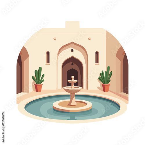 Serene Courtyard with Fountain, Arches, and Cacti Illustration in Minimalist Style
