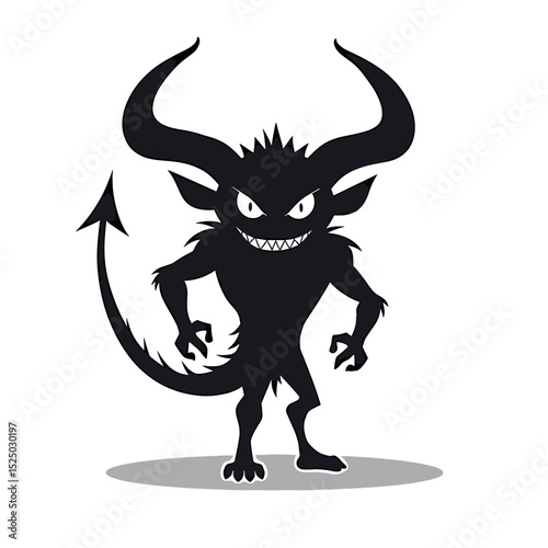 Cartoon Devil Silhouette with Horns, Tail, and Sharp Teeth Illustration on White Background