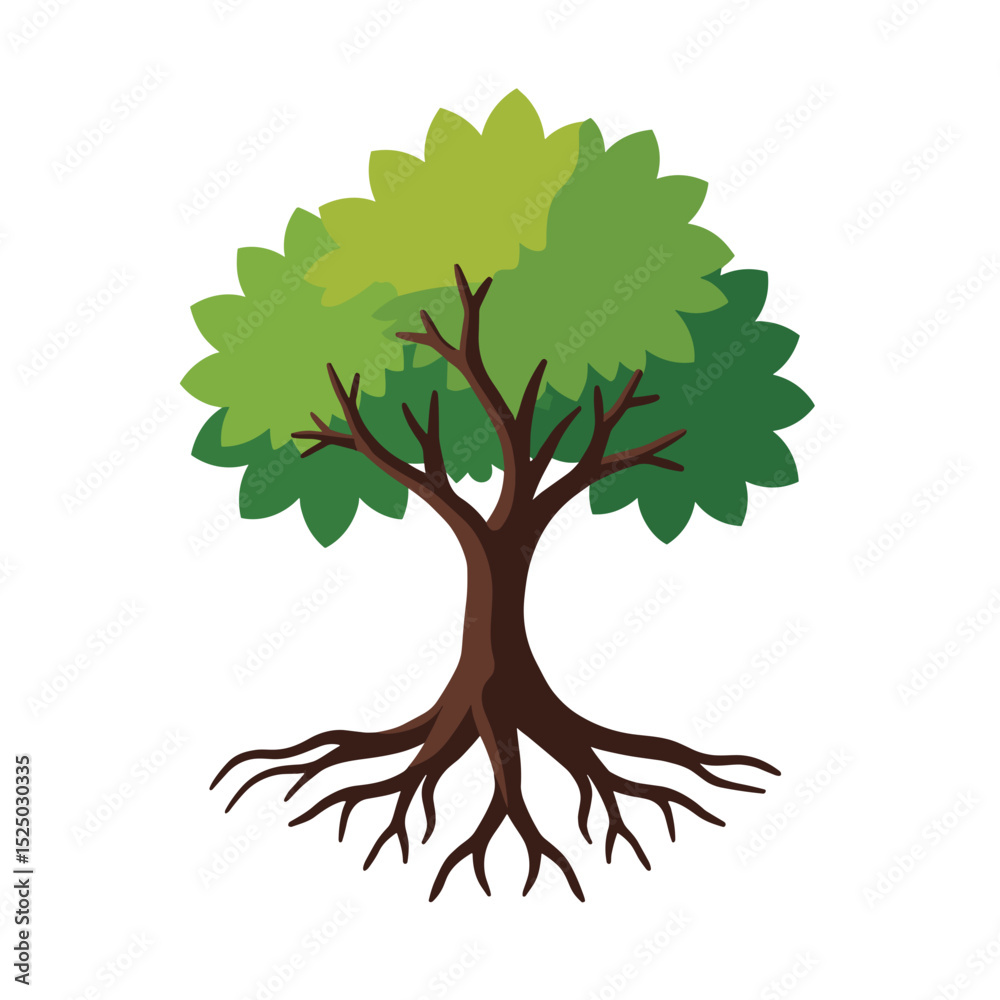 Fototapeta premium Illustration of a Lush Green Tree with Spreading Roots and Branches on White Background