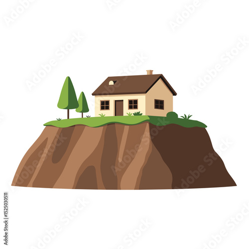 Cartoon House on a Cliff with Trees: A Simple and Charming Illustration of Rural Living