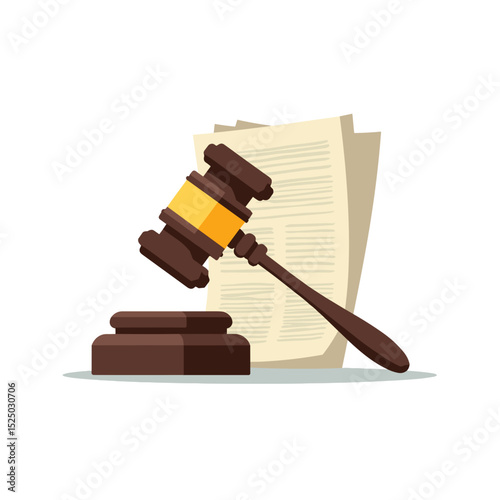 Illustration of a Gavel Hitting a Sound Block with Legal Documents in the Background, Law and Justice Concept