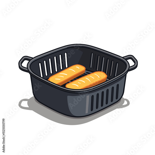 Two Baguettes in a Black Air Fryer Basket Cartoon Illustration, Culinary Still Life