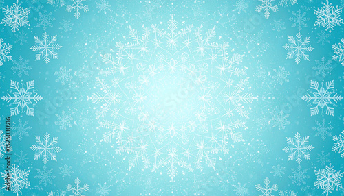 Teal background with a mandala of white snowflakes, radiating outwards from a bright center, with smaller snowflakes scattered throughout