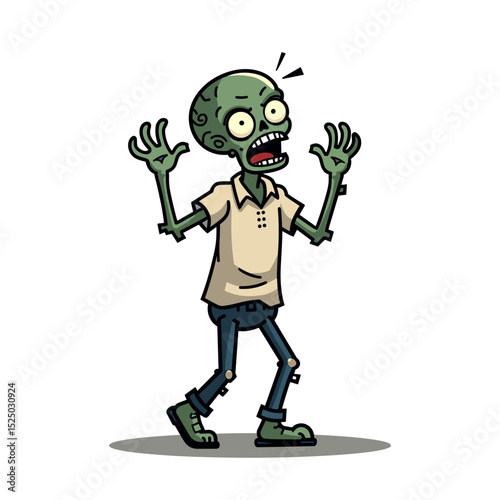 Cartoon Zombie Character with Green Skin and Wide Eyes, Arms Raised in Fear or Surprise Illustration