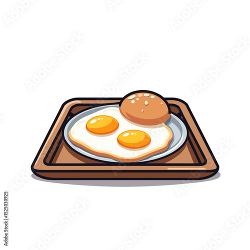 Cartoon Illustration of Fried Eggs and a Bun on a Tray, Breakfast Food Concept
