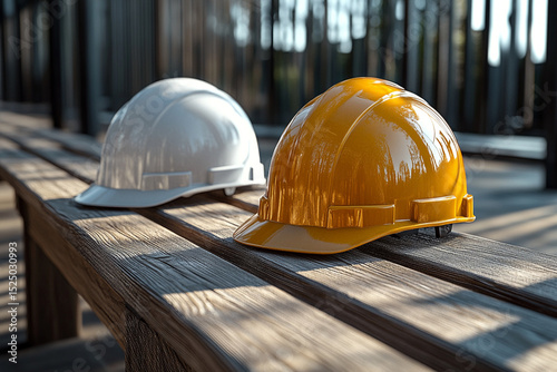 Two Hard Hats on a Weathered Wood Bench, One White, One Yellow, Outdoors