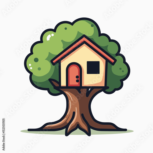 Cartoon Treehouse Illustration with Green Foliage and Brown Trunk on a White Background