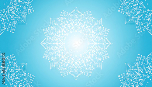 Intricate white mandala on a light blue gradient background, with repeating patterns in corners