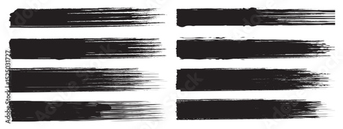 Straight line vector brush strokes. Black hand drawn stripes, smears. Chinese or Japanese calligraphy brushstrokes set. Black watercolor splatter, texture, frame and abstract background for social.