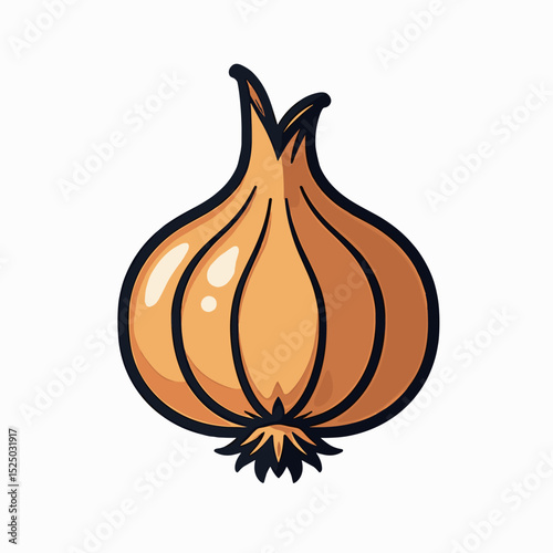 Illustration of a Single Brown Onion with Black Outline on White Background, Food Ingredient