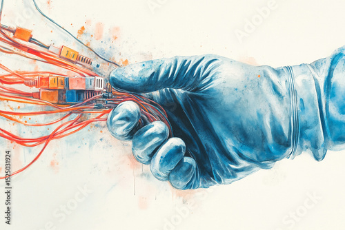 Watercolor of gloved hand holding internet cables with orange, red, and blue connectors