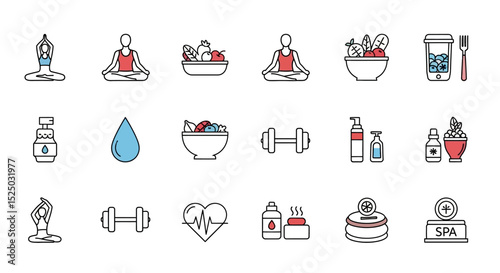 Healthy Lifestyle Icons Yoga, Fitness, Nutrition, and Spa Elements