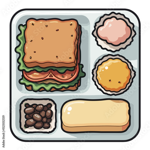 Illustration of a School Lunch Tray with Sandwich, Beans, Dessert, and Side Dish