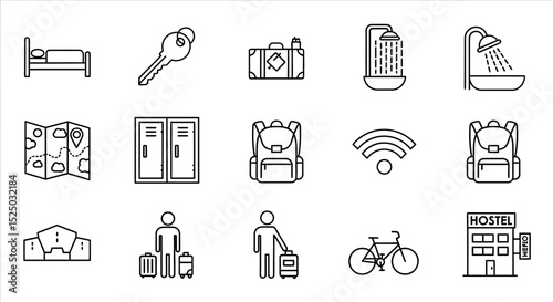 Travel Icons Hotel, Luggage, Map, Key, Backpack, Shower, Wifi, Bicycle - Line Art Vector Graphics