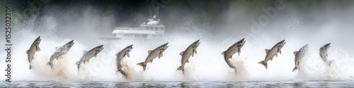 Salmon leaping out of the water in a synchronized motion, a modern fishing boat on the horizon, Dynamic, Vibrant colors, Photography.