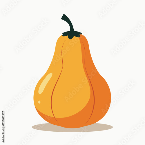 Illustration of a Vibrant Orange Butternut Squash with Green Stem on White Background