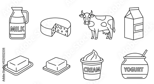 Dairy Products Line Art Icons Milk, Cheese, Yogurt, Butter Illustrations