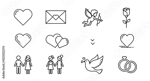 Romantic Love Icons Hearts, Cupid, Rings, and More - Vector Illustration Set