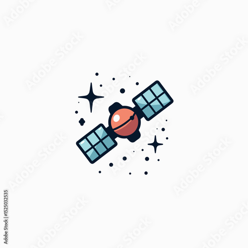 Cartoon Satellite Orbiting in Space with Stars and Space Dust, Vector Illustration