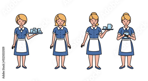 Retro Waitress Illustrations Four Poses of a Vintage Server in Blue Uniform