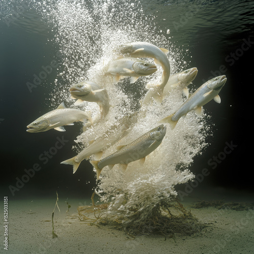Group of salmon captured with swirling water patterns from underwater eddies, [salmon eddies], [motion and texture].