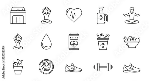 Wellness Icons Yoga, Fitness, Healthy Lifestyle, Line Art Graphics