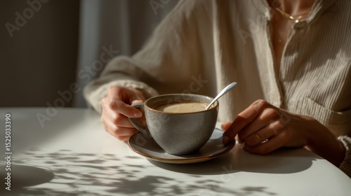 A woman is holding a mug of coffee with a spoon in it