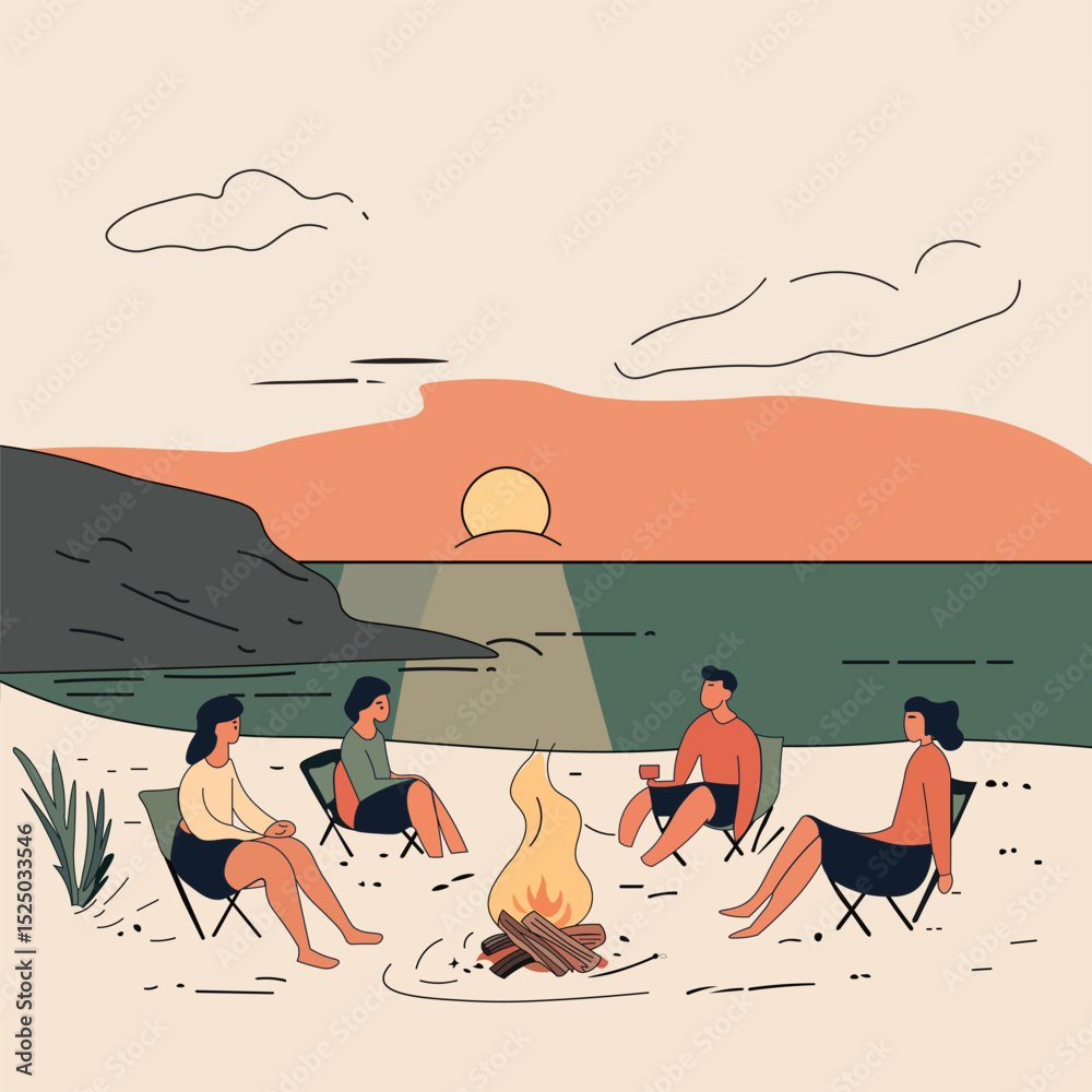 Obraz premium Bonfire and Sunset with Friends on the Beach – Outdoor Lifestyle